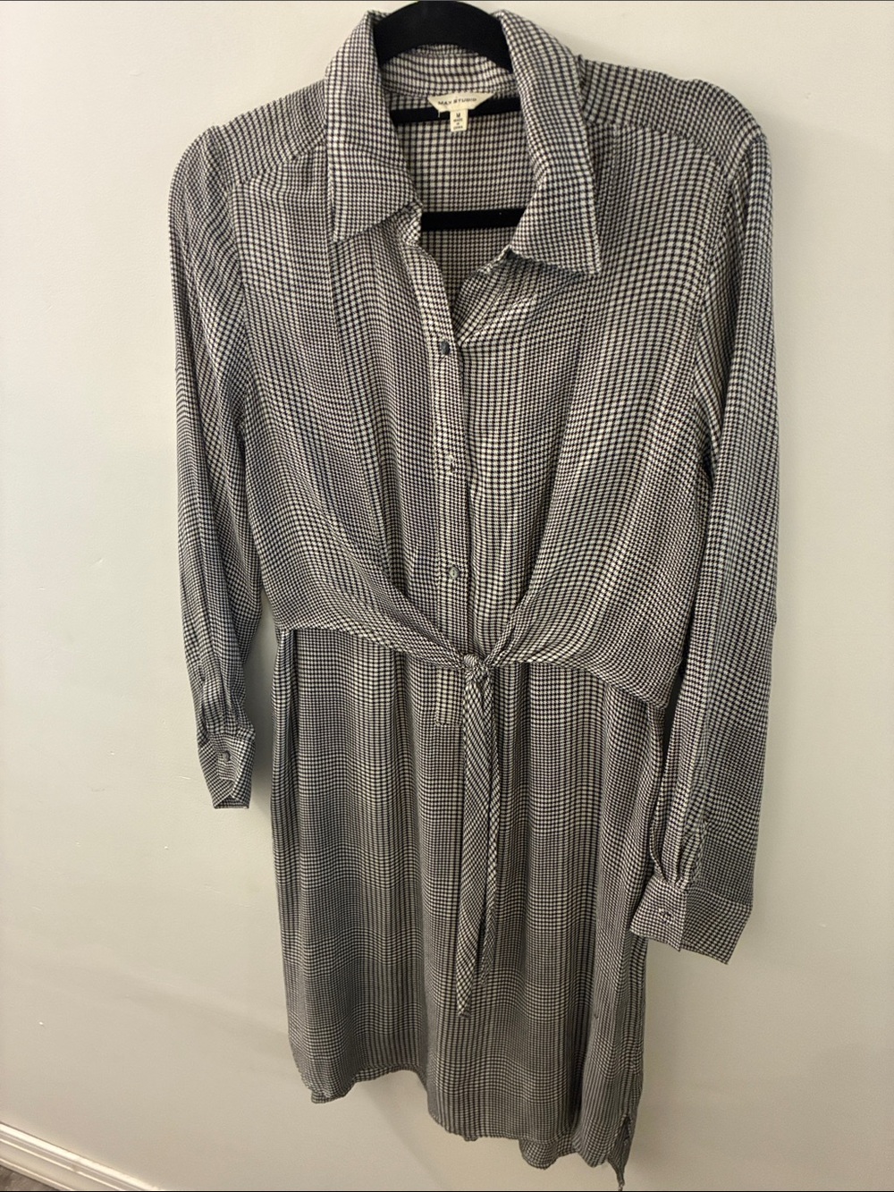 Max Studio Black & White Checked Midi Shirt Dress with Tie Waist